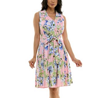 Women's Nina Leonard Floral Print Tie Waist Collared Sleeveless Fit & Flare Dress