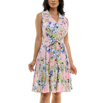 Women's Nina Leonard Floral Print Collared Button Front Sleeveless Dress