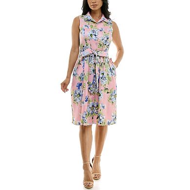Women's Nina Leonard Floral Print Collared Button Front Sleeveless Dress