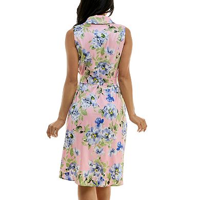 Women's Nina Leonard Floral Print Collared Button Front Sleeveless Dress