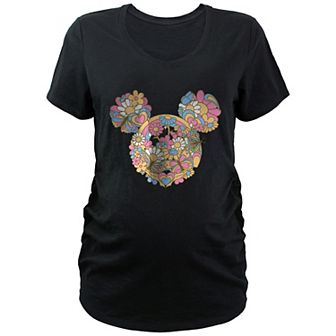 Disney's Mickey Mouse Flowers And Butterflies Head Maternity V-Neck Graphic Tee