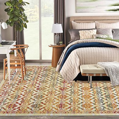 Glowsol Washable Transitional Floral Rug Indoor Modern Throw Carpet Mat For Bedroom Living Room