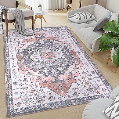 Garvee Washable Boho Area Rug Indoor Vintage Floral Throw Carpet