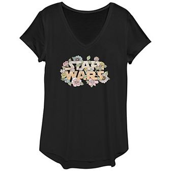 Juniors' Star Wars Vintage Floral Logo V-Neck Graphic Tee