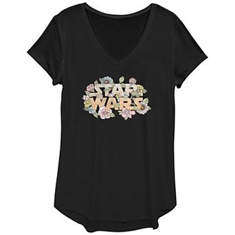 Juniors' Star Wars Vintage Floral Logo V-Neck Graphic Tee