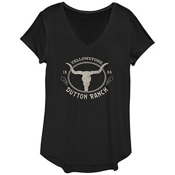 Juniors' Yellowstone Dutton Ranch Crest V-Neck Graphic Tee
