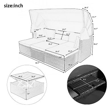 Outdoor Patio Rectangle Daybed With Retractable Canopy, Wicker Furniture Sectional Seating