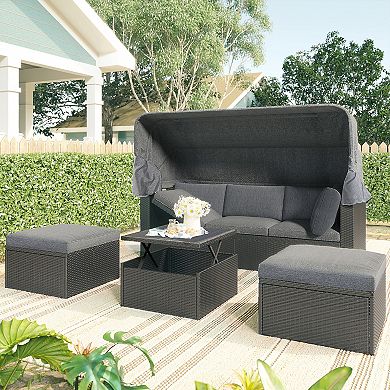 Outdoor Patio Rectangle Daybed With Retractable Canopy, Wicker Furniture Sectional Seating