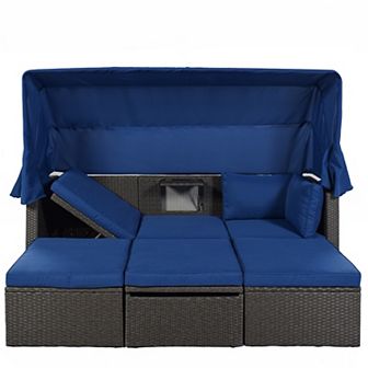 Outdoor Patio Rectangle Daybed With Retractable Canopy, Wicker Furniture Sectional Seating