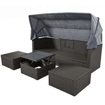 Outdoor Patio Rectangle Daybed With Retractable Canopy, Wicker Furniture Sectional Seating