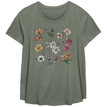 Plus Size Flowers Watercolor Painting Scoop Hem Flow Graphic Tee