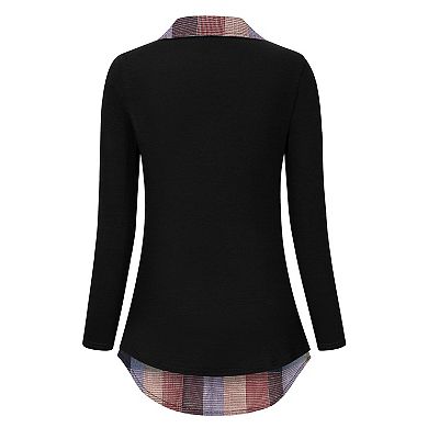 Women's Long Sleeve Contrast Collared Shirts Patchwork Work Blouse Tunics Tops