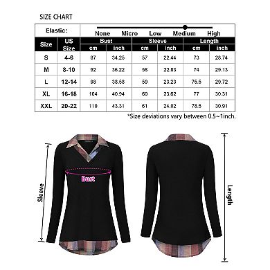 Women's Long Sleeve Contrast Collared Shirts Patchwork Work Blouse Tunics Tops