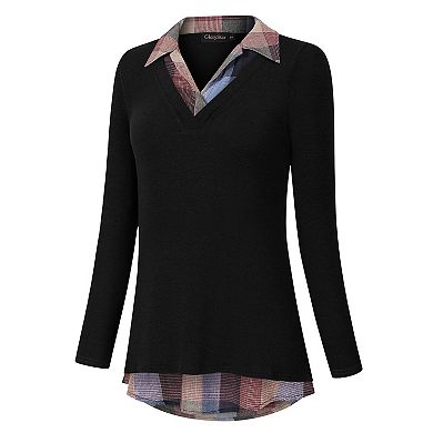 Women's Long Sleeve Contrast Collared Shirts Patchwork Work Blouse Tunics Tops