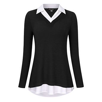 Women's Long Sleeve Contrast Collared Shirts Patchwork Work Blouse Tunics Tops