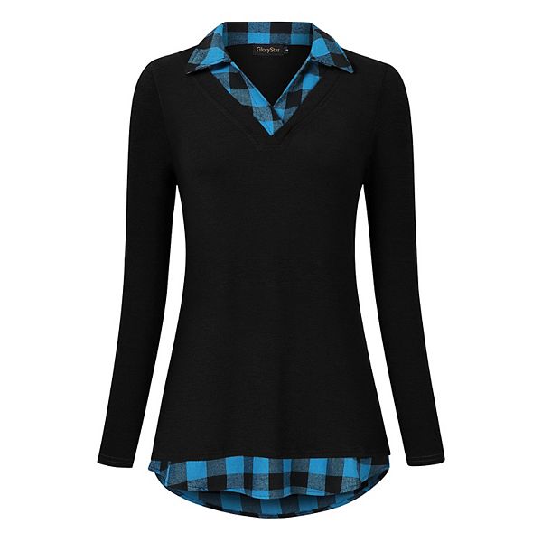 Textured Contrast Checkered Patchwork Long Sleeve Top