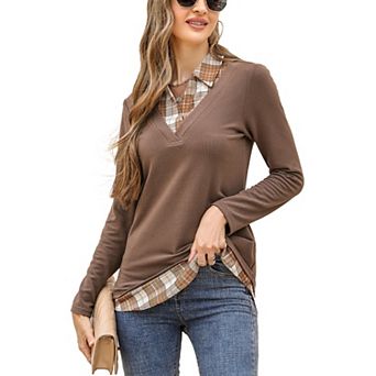 Women's Long Sleeve Contrast Collared Shirts Patchwork Work Blouse Tunics Tops