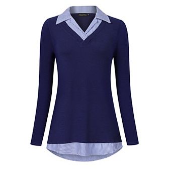 Women's Long Sleeve Contrast Collared Shirts Patchwork Work Blouse Tunics Tops