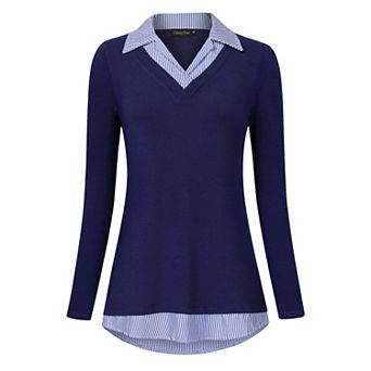 Women's Long Sleeve Contrast Collared Shirts Patchwork Work Blouse Tunics Tops