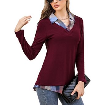 Women's Long Sleeve Contrast Collared Shirts Patchwork Work Blouse Tunics Tops