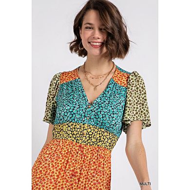 Ditsy Floral Color Block V-neck Split Button Up Maxi Dress