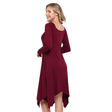 Women's V Neck Long Sleeve Dress Casual Solid Color Slim Fit Irregular Hem Dress