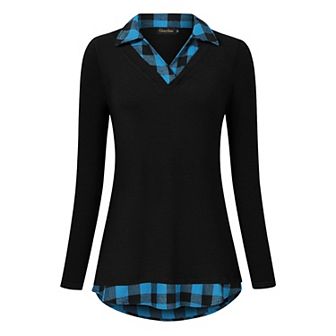 Women's Long Sleeve Contrast Collared Shirts Patchwork Work Blouse Tunics Tops