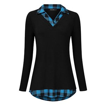Women's Long Sleeve Contrast Collared Shirts Patchwork Work Blouse Tunics Tops