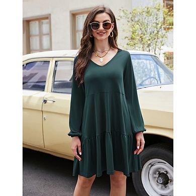 Women Casual Long Sleeve Black Dress,v Neck Tiered Dresses Ruffle Babydoll Dress With Pockets