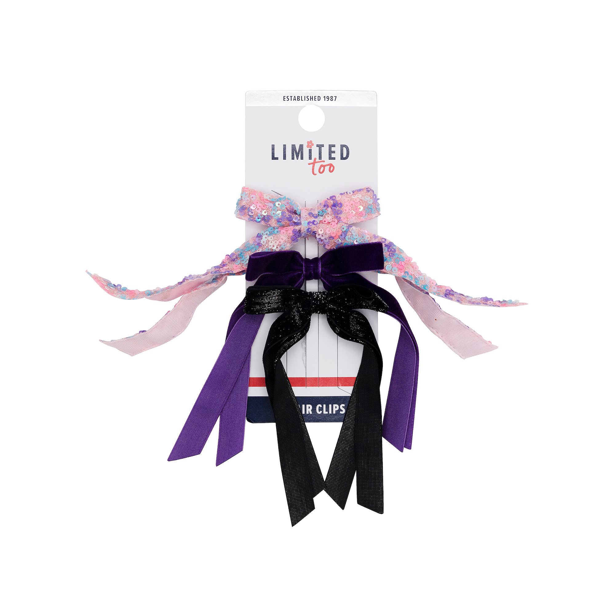 Girls Limited Too 3-Piece Bow Hair Clip Set, Black Pink