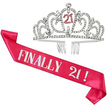 21st Birthday Sash And Crown Set, Hot Pink Reflective Sash And Rhinestone Tiara