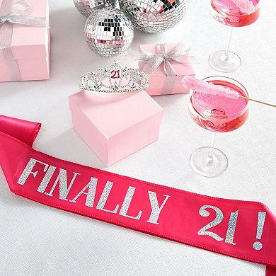 21st Birthday Sash And Crown Set, Hot Pink Reflective Sash And Rhinestone Tiara