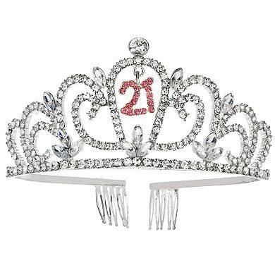 21st Birthday Sash And Crown Set, Hot Pink Reflective Sash And Rhinestone Tiara