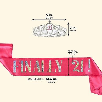 21st Birthday Sash And Crown Set, Hot Pink Reflective Sash And Rhinestone Tiara