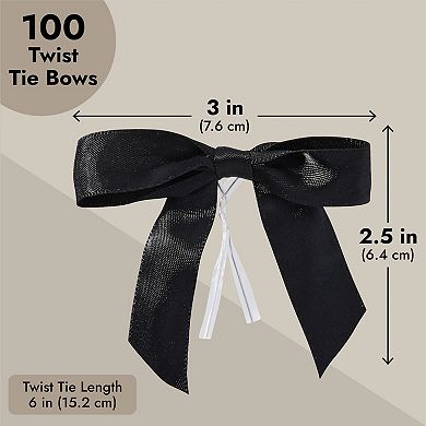 100-Pack Black Satin Ribbon Twist Tie Bows for Gift Wrapping Crafts, 2.5x3 in