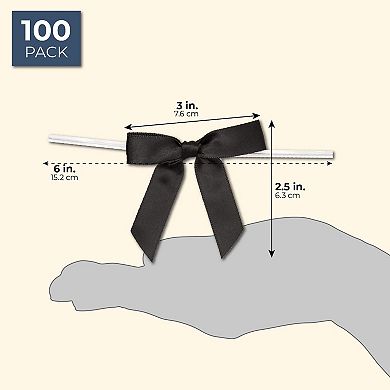 100-Pack Black Satin Ribbon Twist Tie Bows for Gift Wrapping Crafts, 2.5x3 in