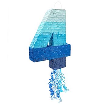 Number 4 Pull String Pinata, Blue 4th Birthday Decorations For Boys, 16.5 X 12"