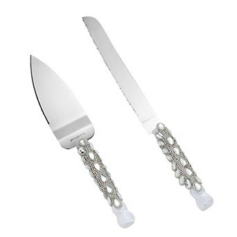 Silver Cake Cutting Set For Wedding With Knife And Server, Crystals, Ribbon
