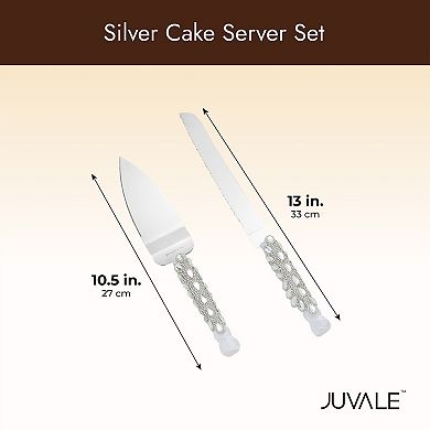 Silver Cake Cutting Set For Wedding With Knife And Server, Crystals, Ribbon