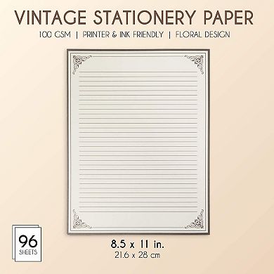 96 Sheets Vintage Lined Paper With Antique Border For Writing Letters, 8.5 X 11"