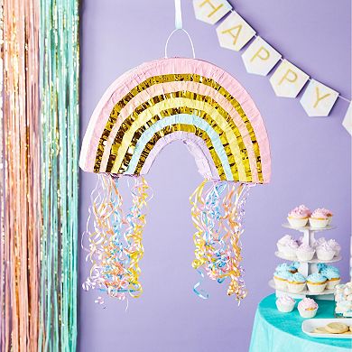 Small Pull String Rainbow Pinata For Pastel Birthday Decorations, 16.5x10x3 In
