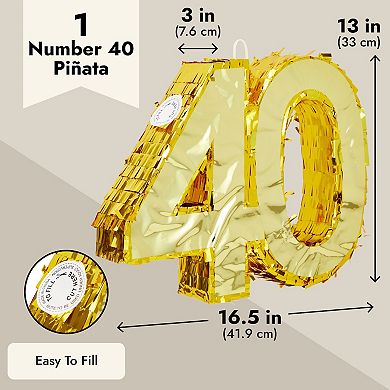 Small Gold 40 Pinata For Birthdays, 40th Anniversary Decor, 16.5 X 3 X 13 In