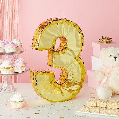 Number 3 Gold Foil Pinata For 3rd Birthday, Centerpiece Decor, 11.1x2.9x16.1"