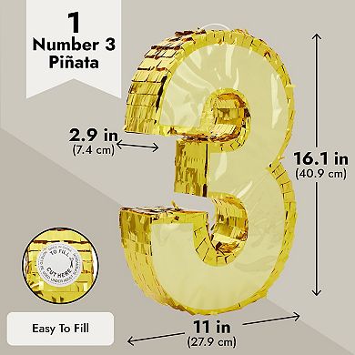 Number 3 Gold Foil Pinata For 3rd Birthday, Centerpiece Decor, 11.1x2.9x16.1"
