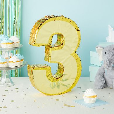Number 3 Gold Foil Pinata For 3rd Birthday, Centerpiece Decor, 11.1x2.9x16.1"