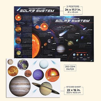 2 Pack Solar System Sun Planets Posters With Stickers For Kids, 24 X 17.7 Inches