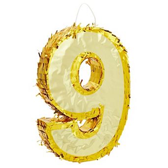 Number 9 Pinata For 9th Birthday Decorations, Gold, 15.5 X 11 X 3 in