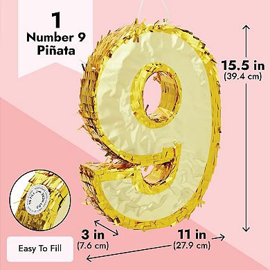 Number 9 Pinata For 9th Birthday Decorations, Gold, 15.5 X 11 X 3 Inches
