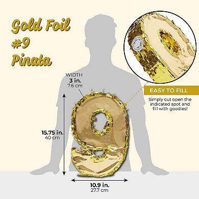 Number 9 Pinata For 9th Birthday Decorations, Gold, 15.5 X 11 X 3 Inches