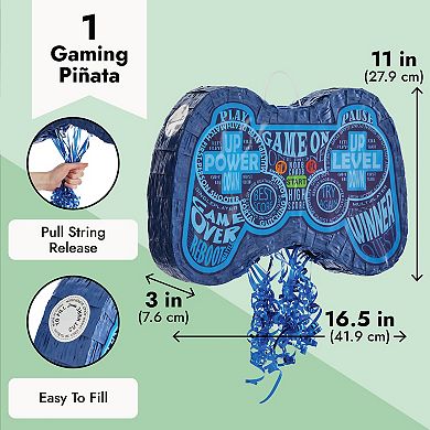 Blue Gaming Control Pull String Pinata For Gamer Birthday Decorations 16.5x11x3"
